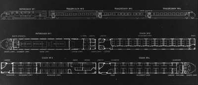 886104 Zijaanzicht en plattegrond van een diesel-electrisch treinstel DE 4, RAm, T.E.E.) van de N.S./S.B.B.